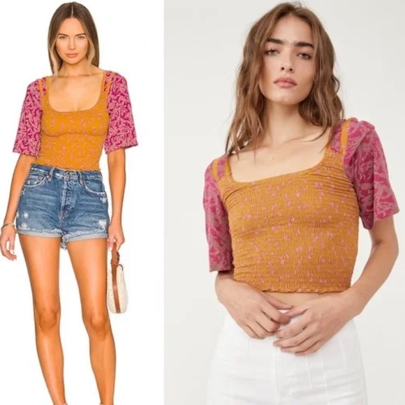Free People Tops - ✅Free People Marigold Tee in Golden Combo Smocked Top